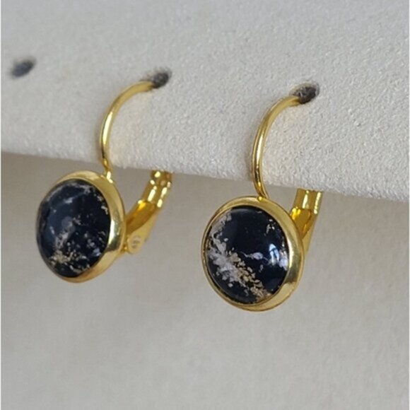 Elegant Hand Crafted Boho Black Gold Gemstone Marble Circle Drop Dangle Earrings - Picture 6 of 15